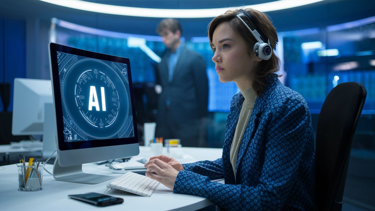 A business assistant sitting at the desk in front of a monitor displaying AI