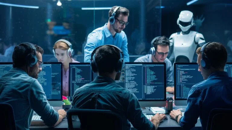 Programmers sitting in the office in front of monitors displaying codes.