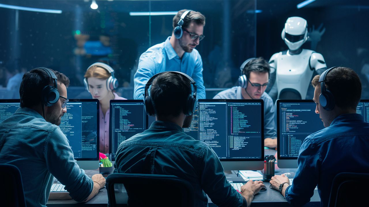 Programmers sitting in the office in front of monitors displaying codes.