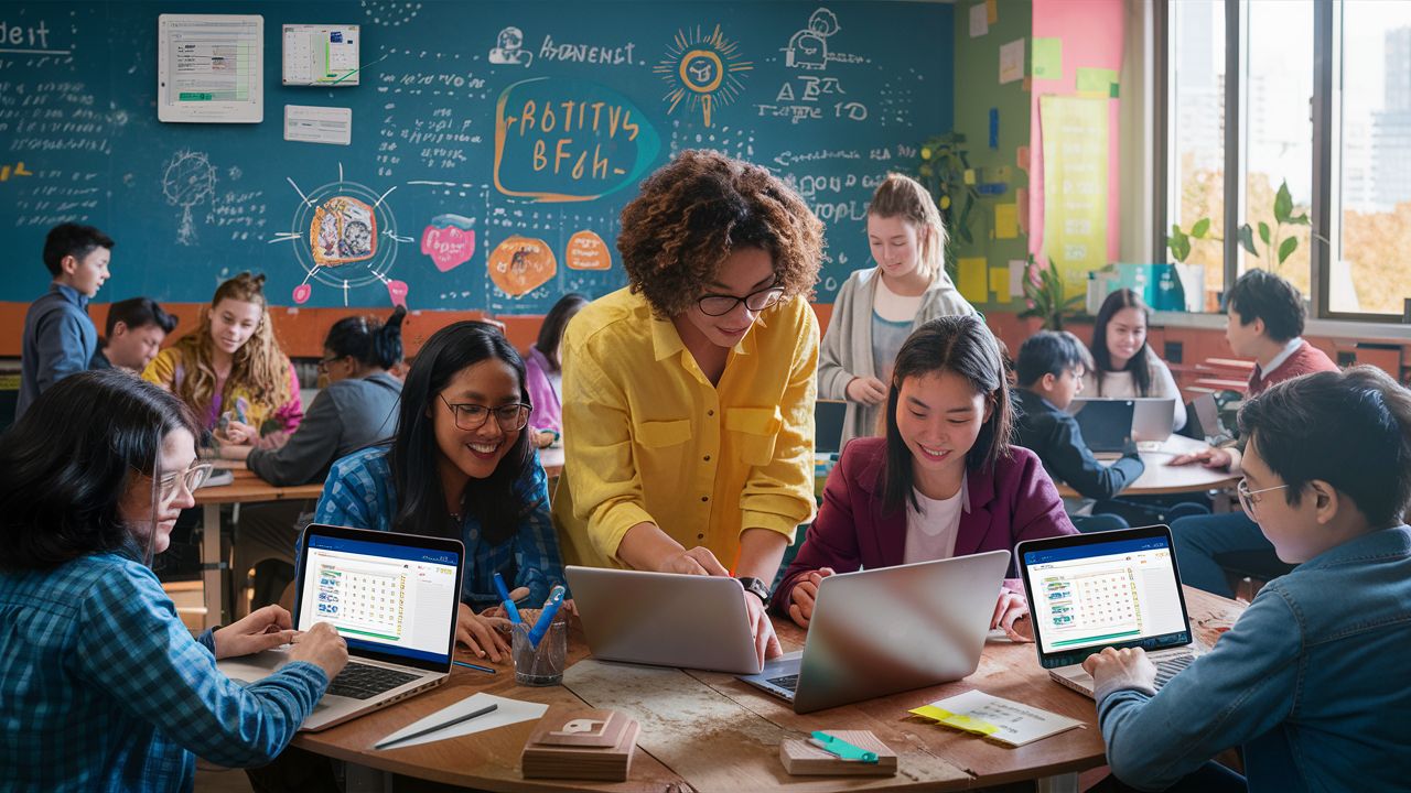 A teacher explaining a task to the students in a classroom.