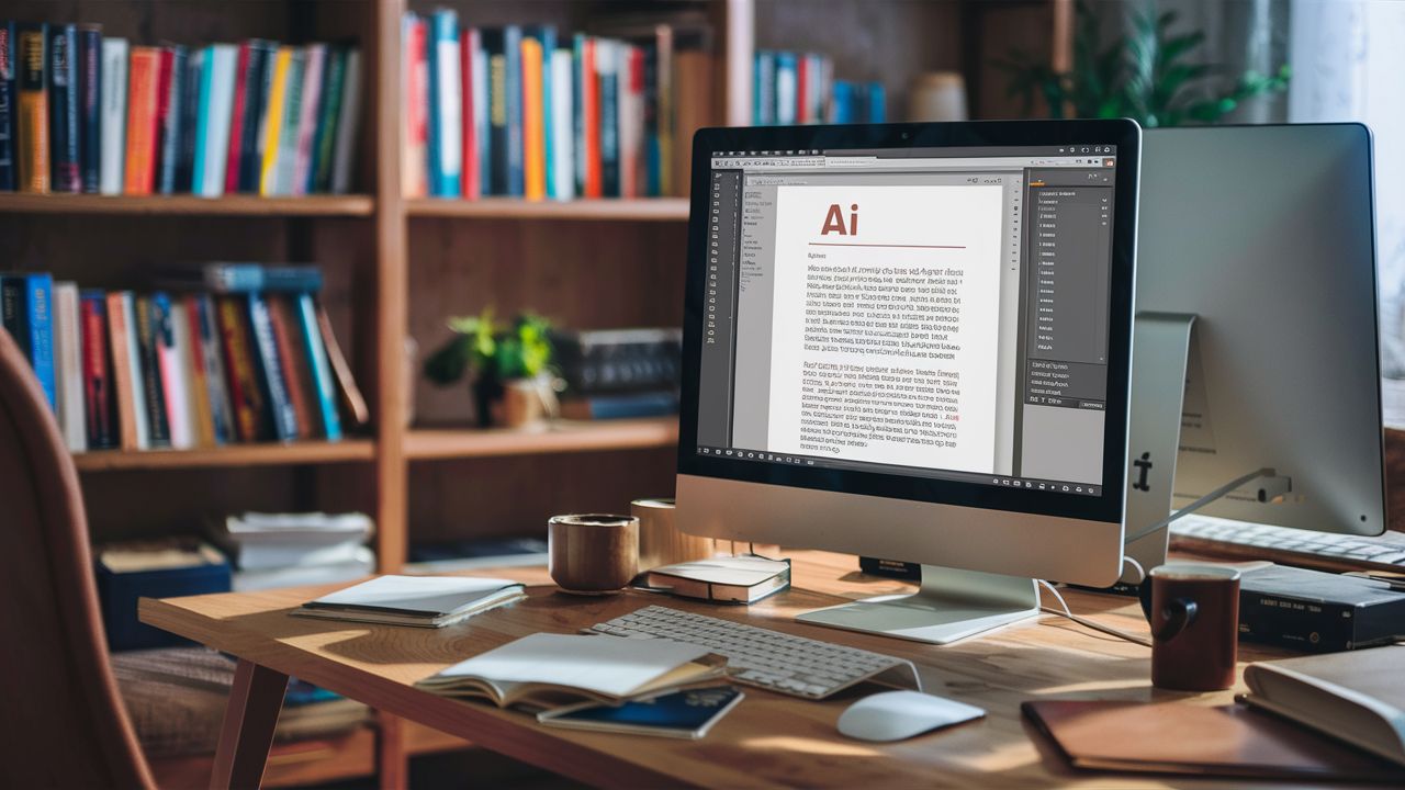 A monitor on a desk displaying a document with the title 'AI'