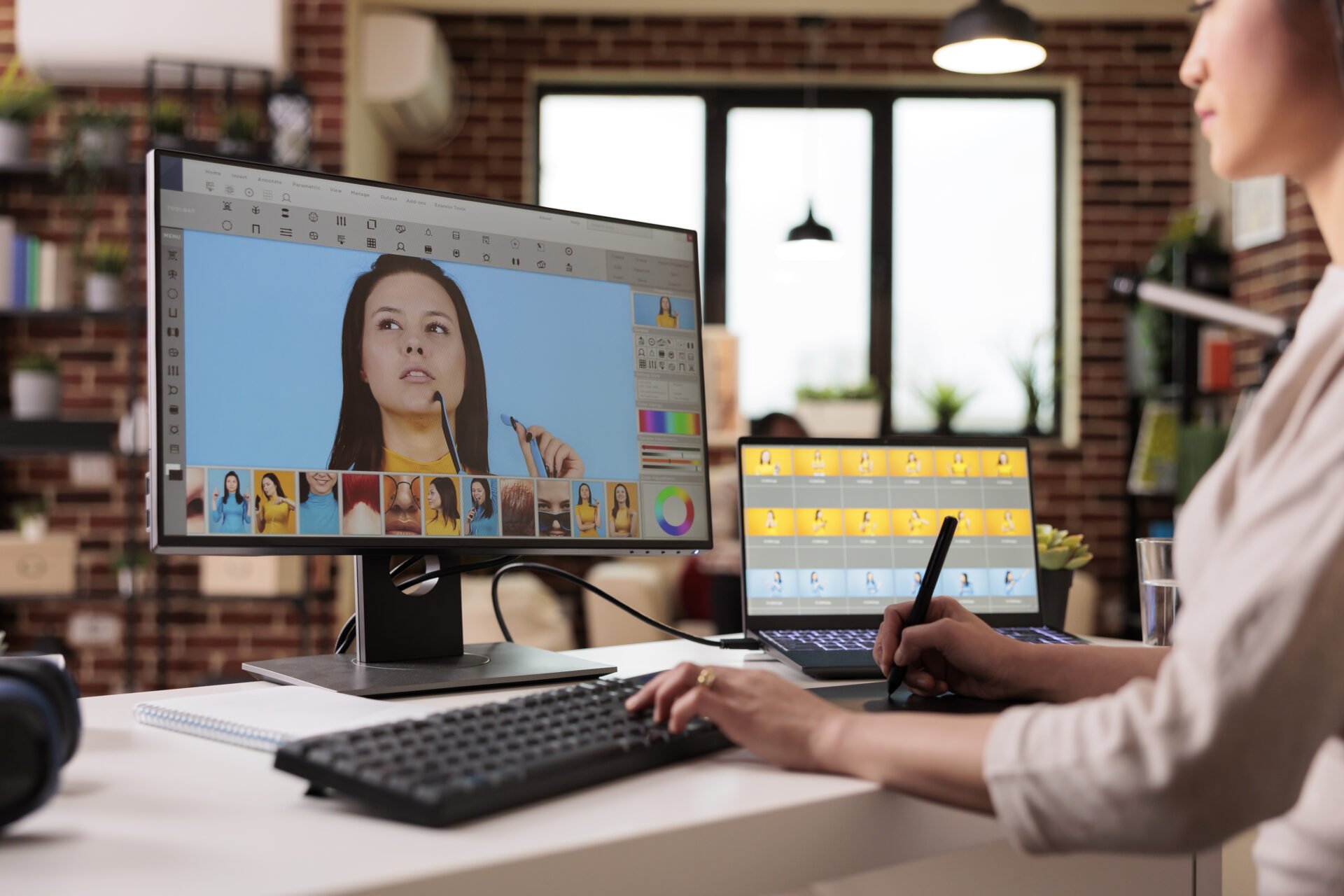 Asian photographer editing picture with retouching software on computer.