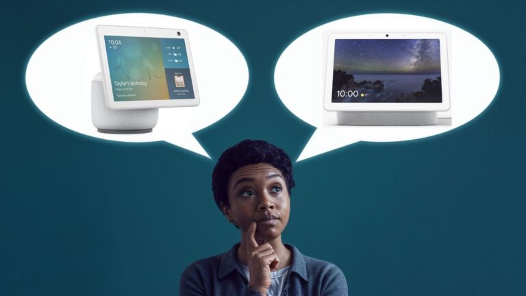 A woman thinking about Alexa vs Google Assistant.