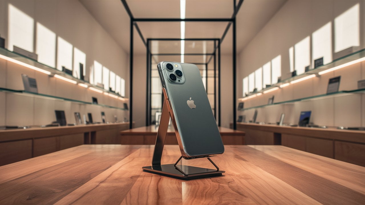 The Apple foldable phone on a display.