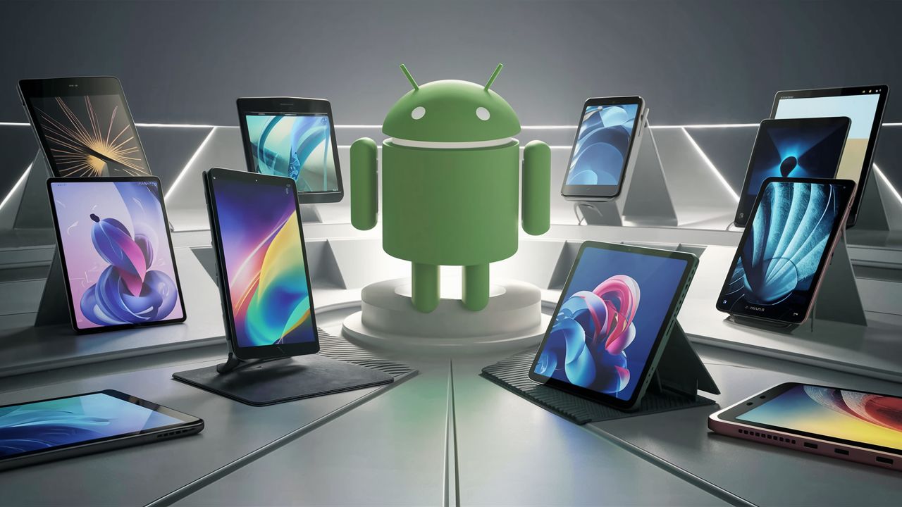 Android tablets with the Android mascot.
