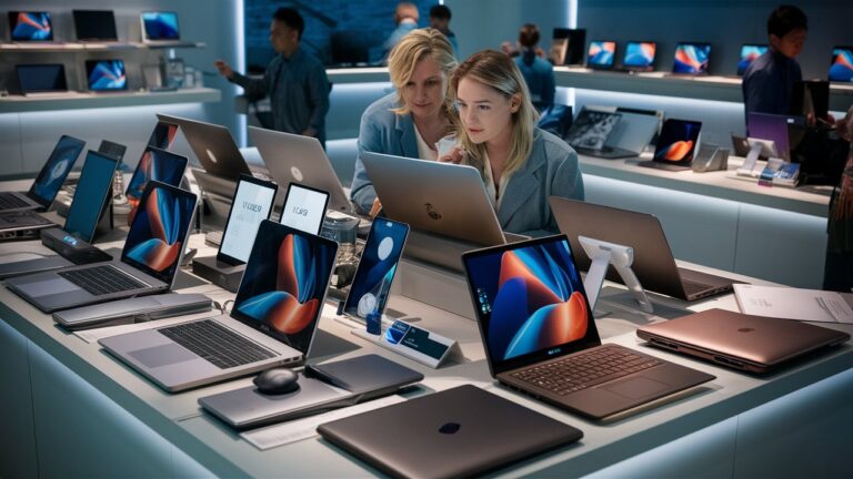 Two women browsing in a laptop store.