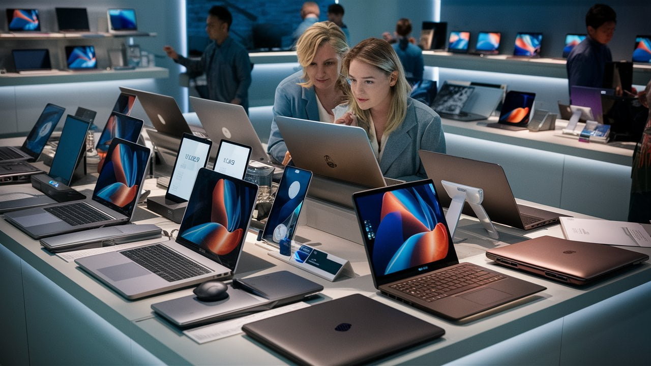Two women browsing in a laptop store.