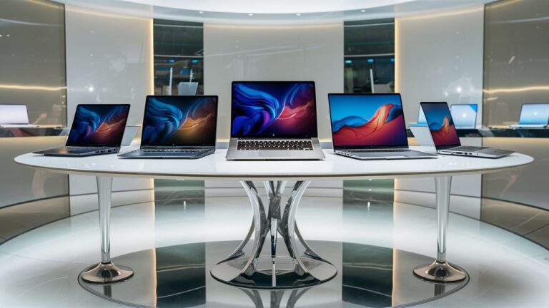 New laptops displayed in a store.