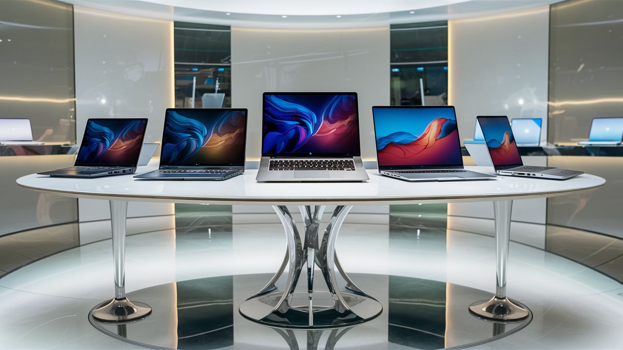 New laptops displayed in a store.