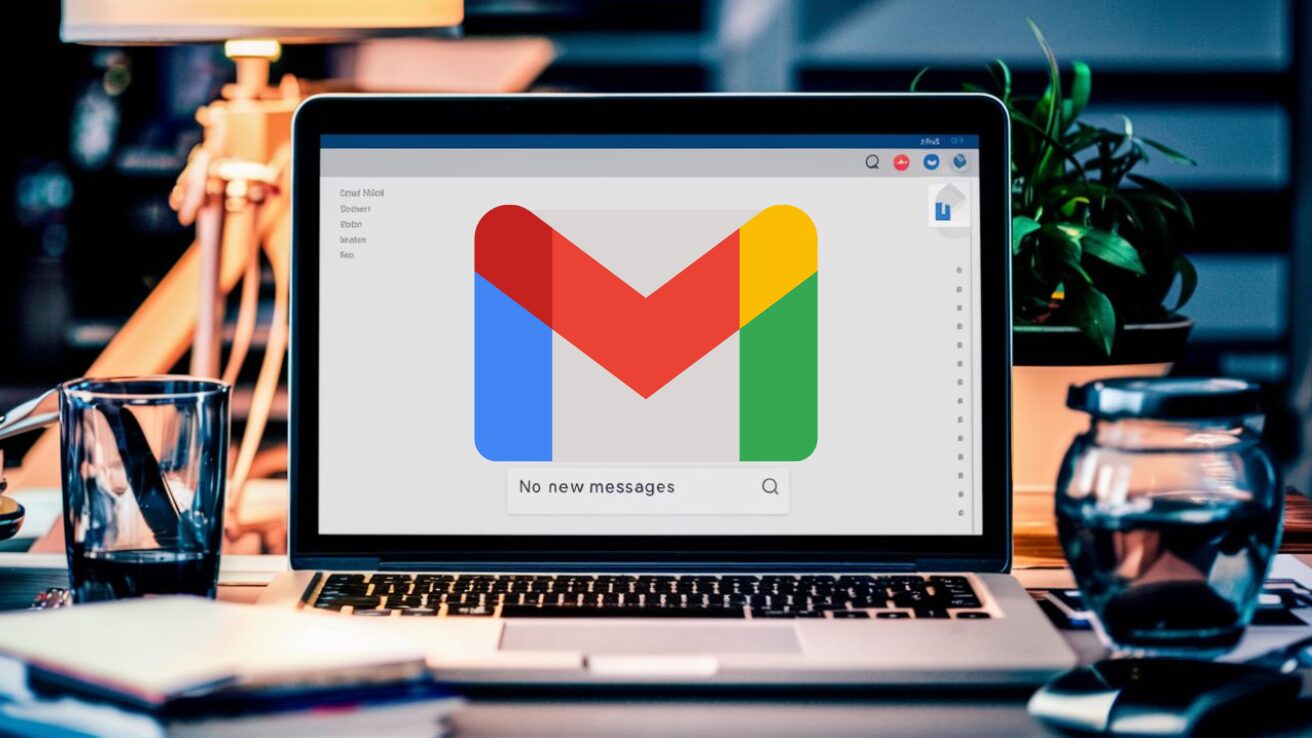 A laptop displaying the colorful Gmail logo.