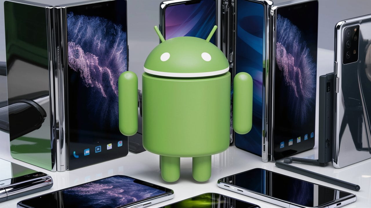 Near stock android phones with an Android mascot.
