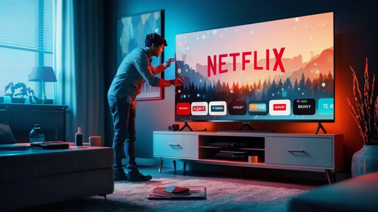 A person trying to fix their smart TV which is displaying Netflix