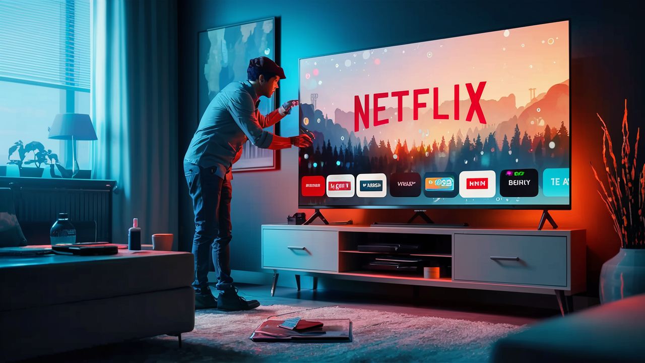 A person trying to fix their smart TV which is displaying Netflix