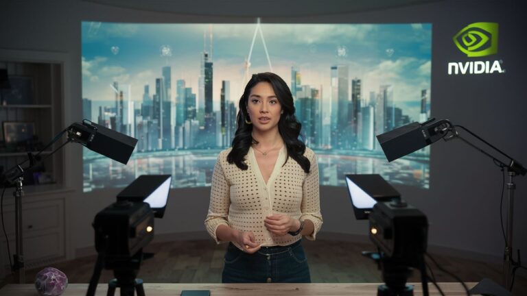 A woman standing in her home studio while using NVIDIA broadcast.