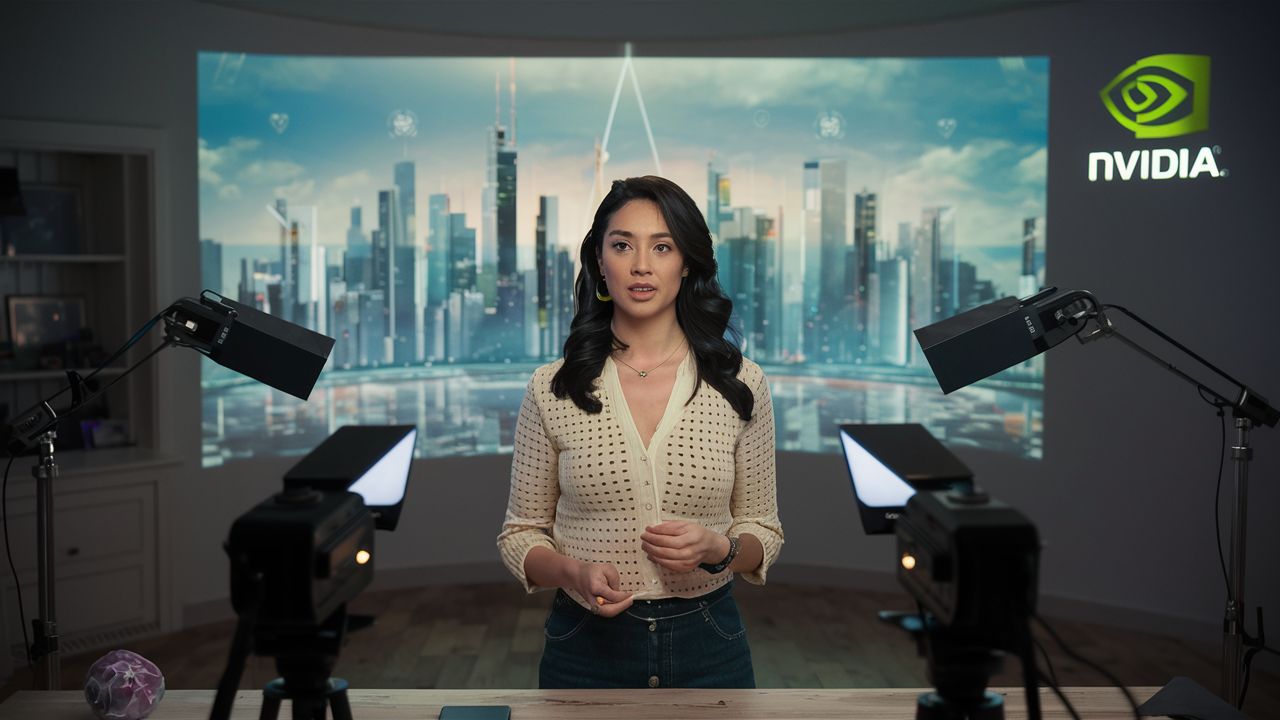 A woman standing in her home studio while using NVIDIA broadcast.