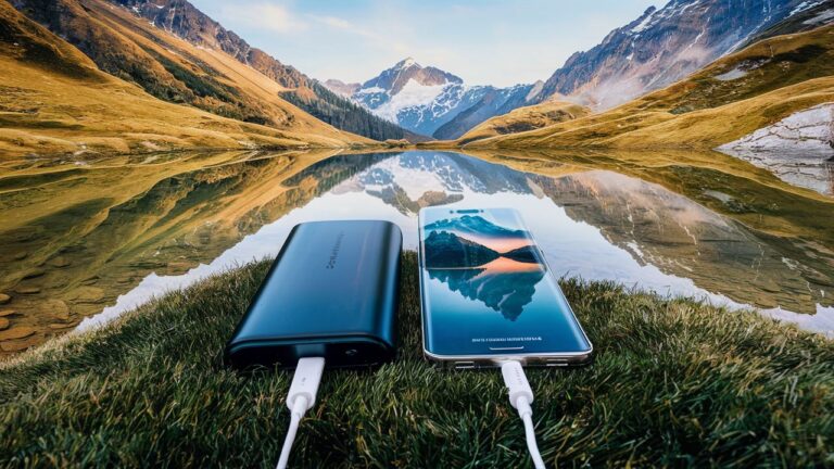 A smartphone connected to a power bank.