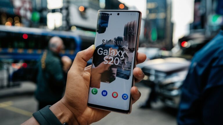 A hand holding a Samsung galaxy S20 smartphone