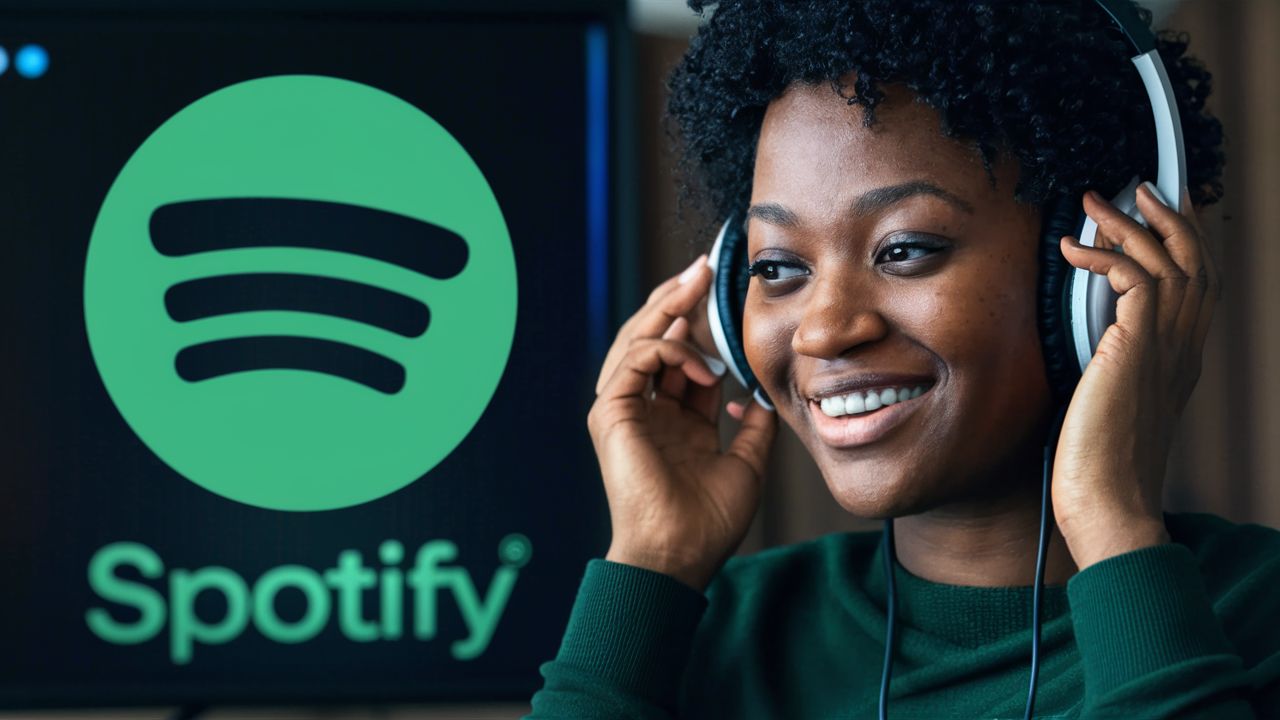 A woman with a headphone listening to Spotify