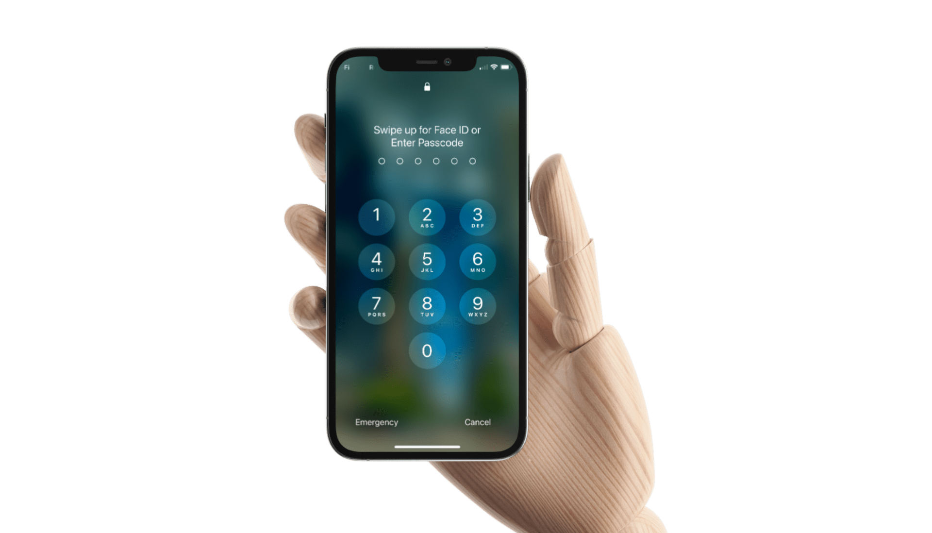 A wooden hand holding an iPhone displaying a passcode screen.