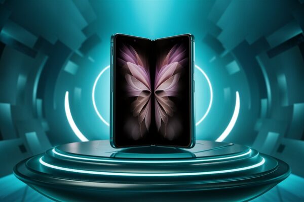 A foldable smartphone on a stand