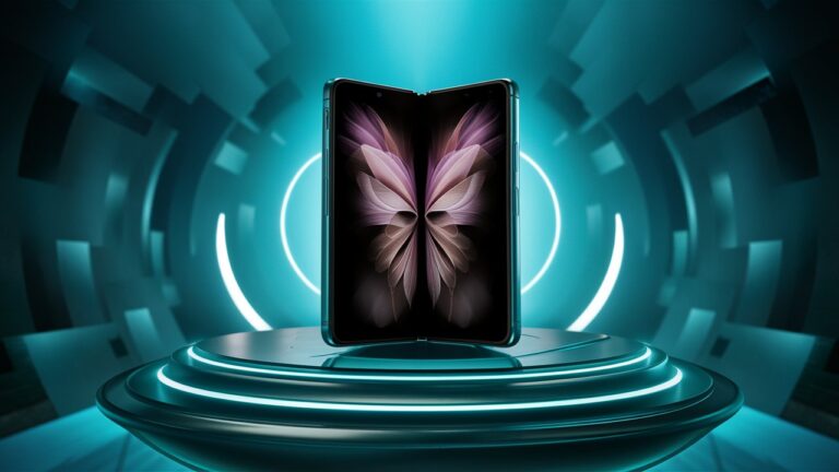 A foldable smartphone on a stand