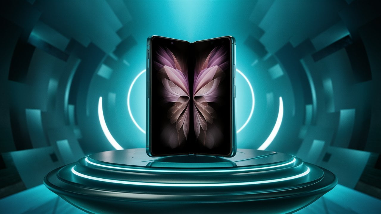 A foldable smartphone on a stand