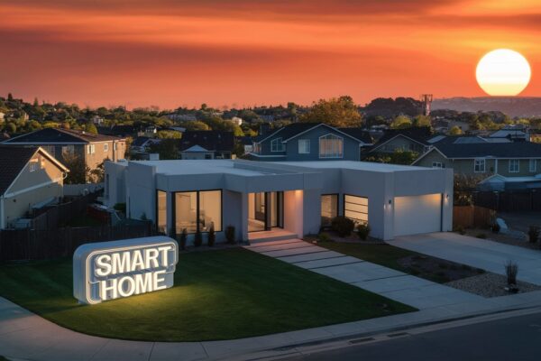 A smart home in a sunset.