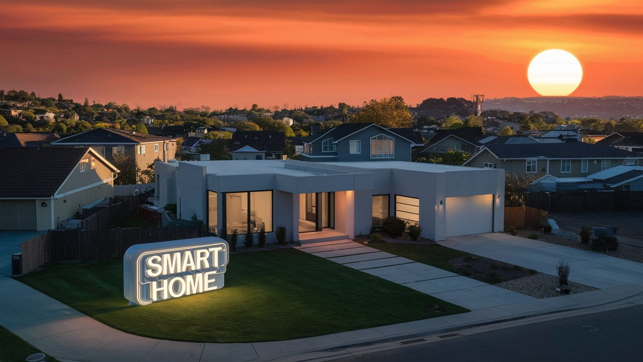 A smart home in a sunset.