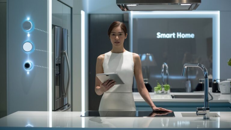 A woman standing in a high-end kitchen.