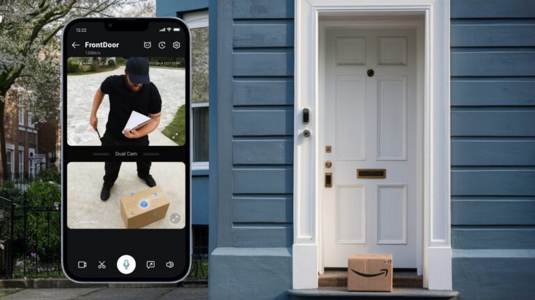 A doorstep with an Amazon package on it.