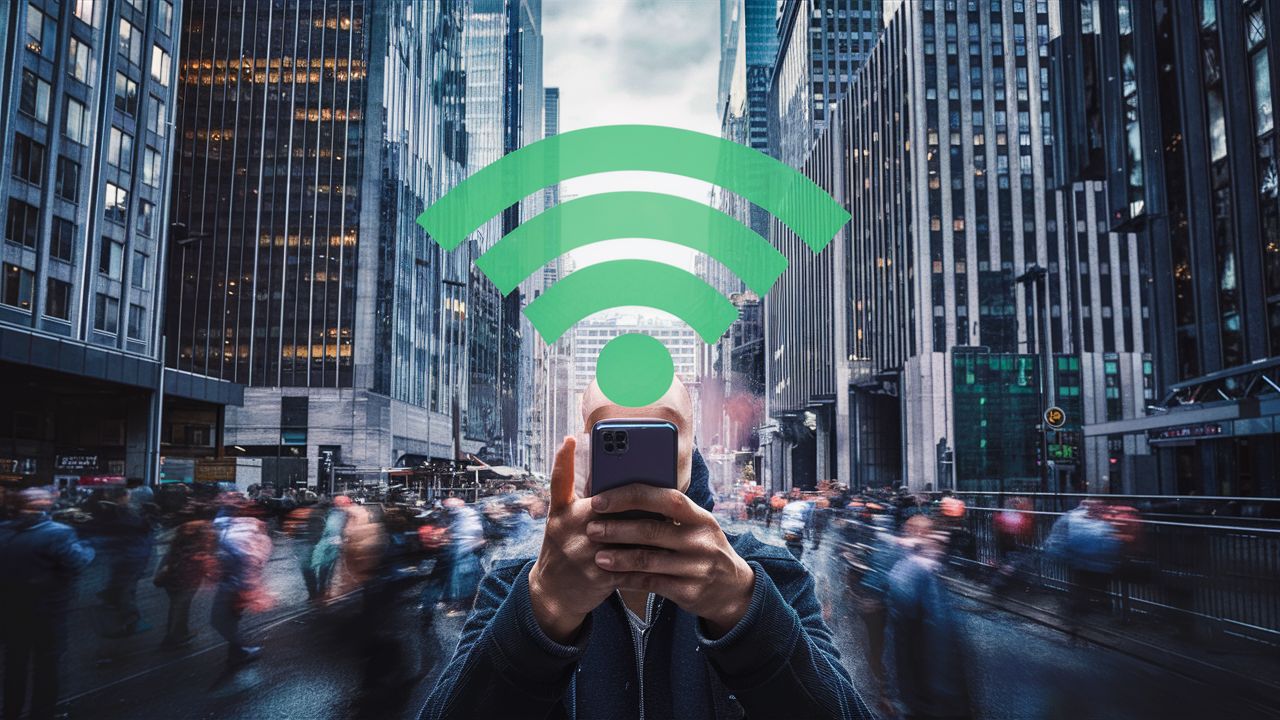 A man standing in a busy street holding a smartphone with a Wi-Fi logo.