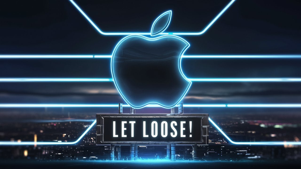 A futuristic Apple logo with a "Let Loose" sign.