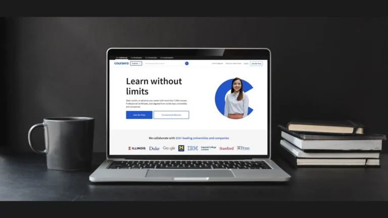 A laptop screen displaying Coursera online learning platform website.