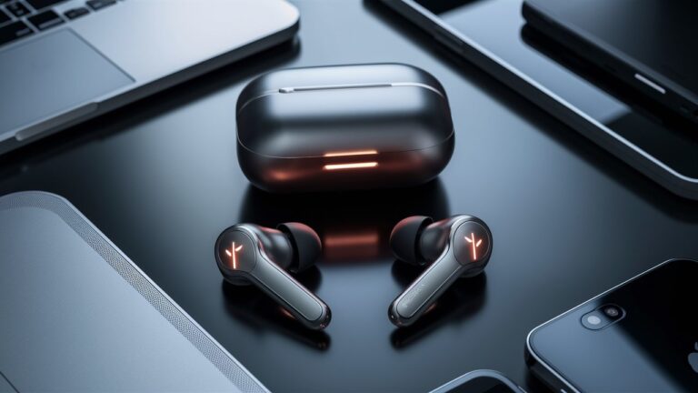 Wireless earbuds in minimalist design, with a charging case featuring a matte black finish.