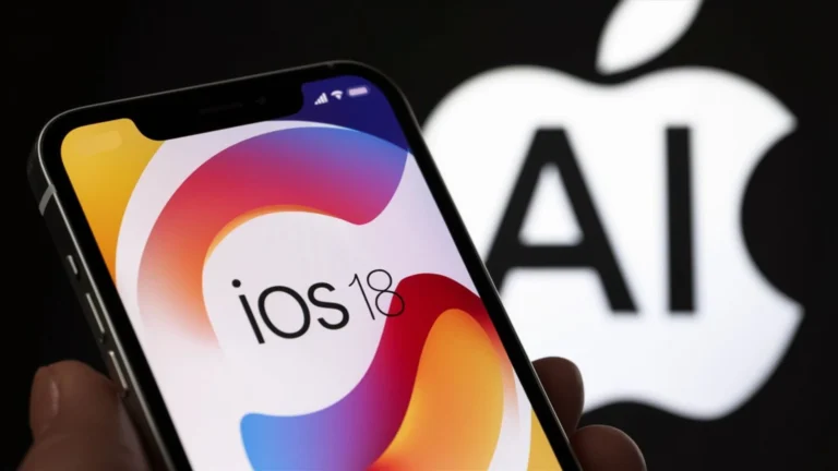iPhone displaying iOS 18 with an Apple logo in the background