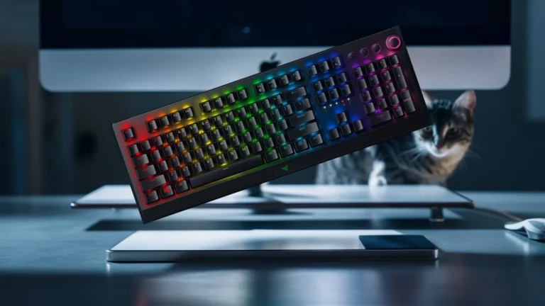 A cat watching a wireless keyboard floating in the air