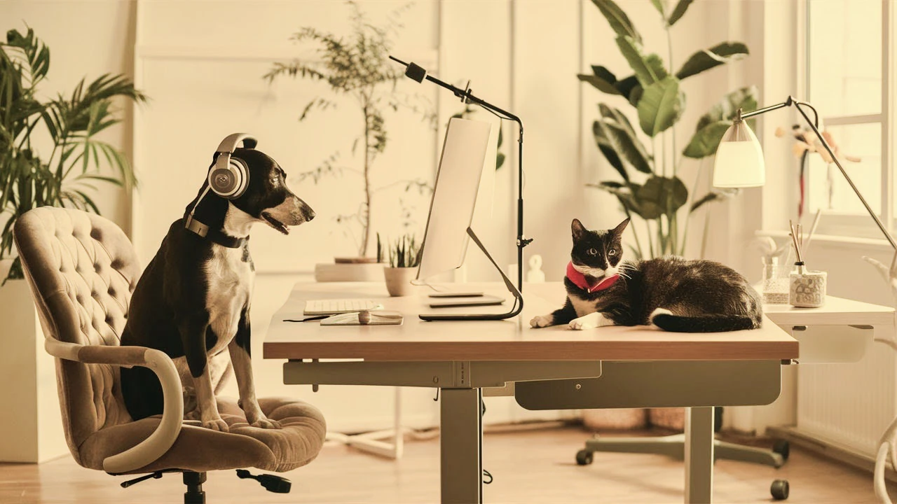 A dog sitting at an office desk with a cat.