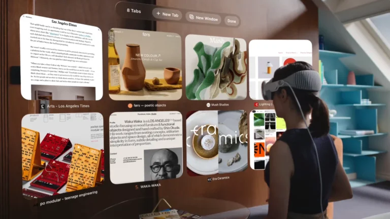 A woman browsing on the web while wearing an Apple Vision Pro