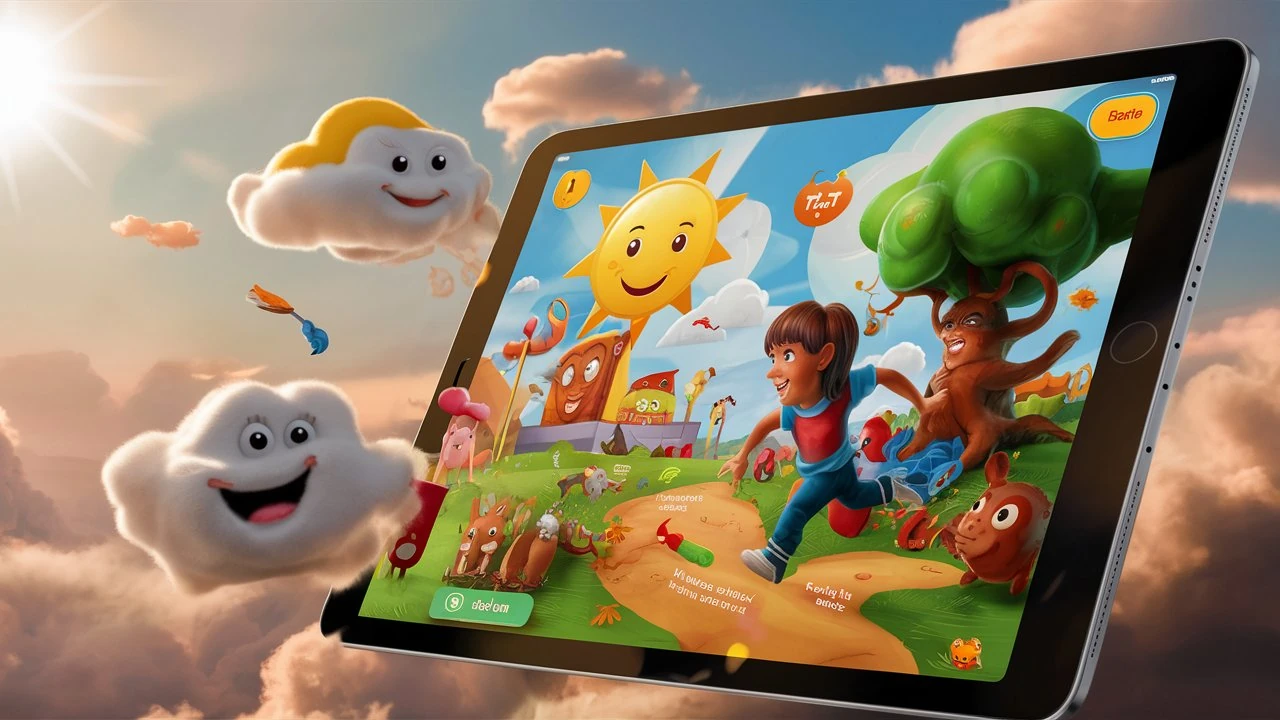 A tablet displaying an educational game for kids