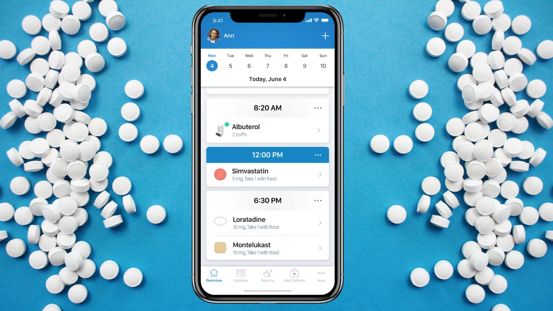 A smartphone displaying a pill reminder app.