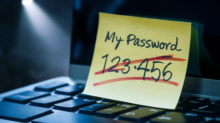 A close-up on a laptop with a sticky note