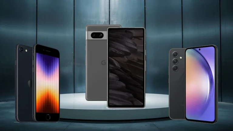 Best budget smartphones. iPhone SE (2022), Samsung Galaxy A54 5G and the Google Pixel 7a.