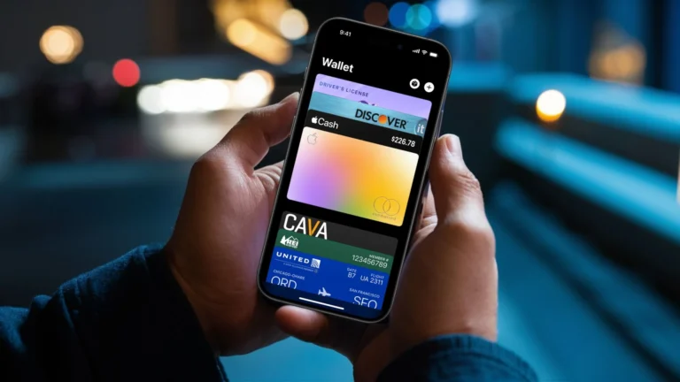 A close-up of hands holding an iPhone displaying the Apple wallet