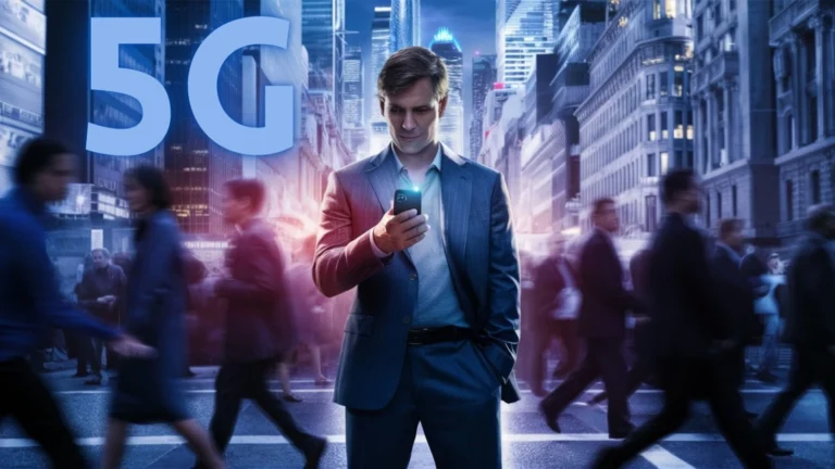 man in a busy street holding a smartphone