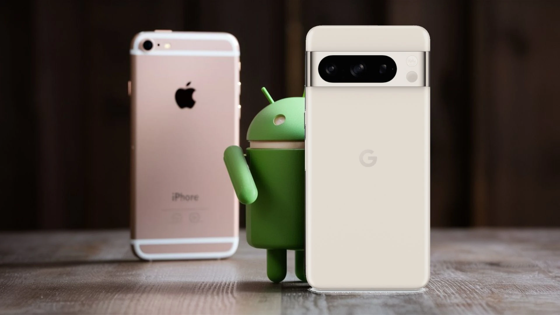 An iPhone and an Android phone side by side. the iPhone fading in the background.