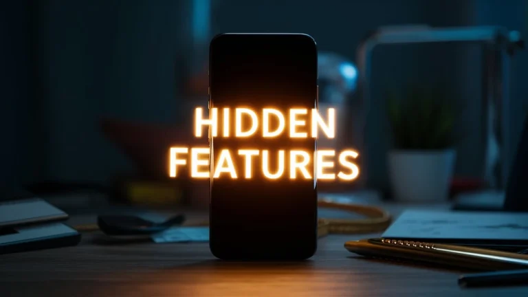 A smartphone standing on a desk displaying the words "hidden features"