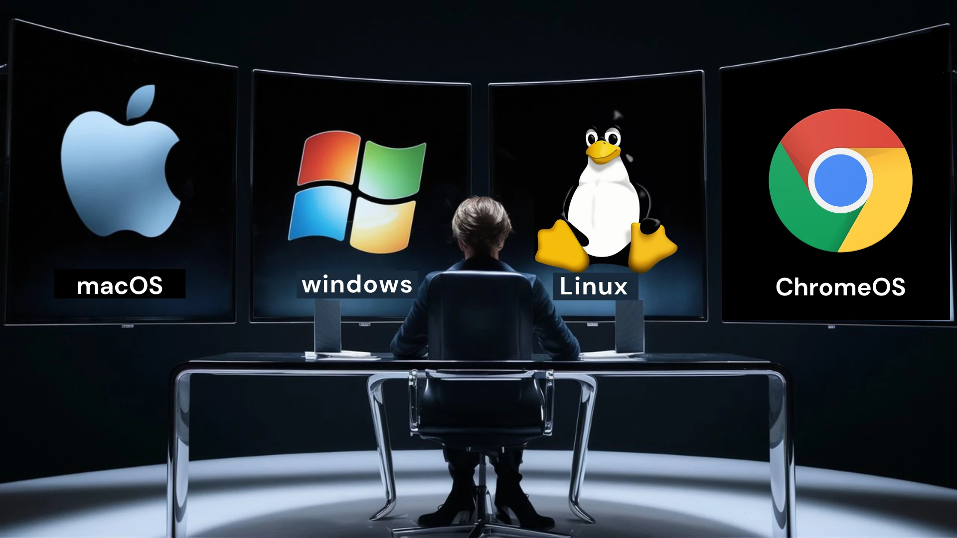 A person using a desktop computer with four screens displaying the Apple logo for macOS, the Windows logo, the Tux penguin for Linux, and the Chrome logo