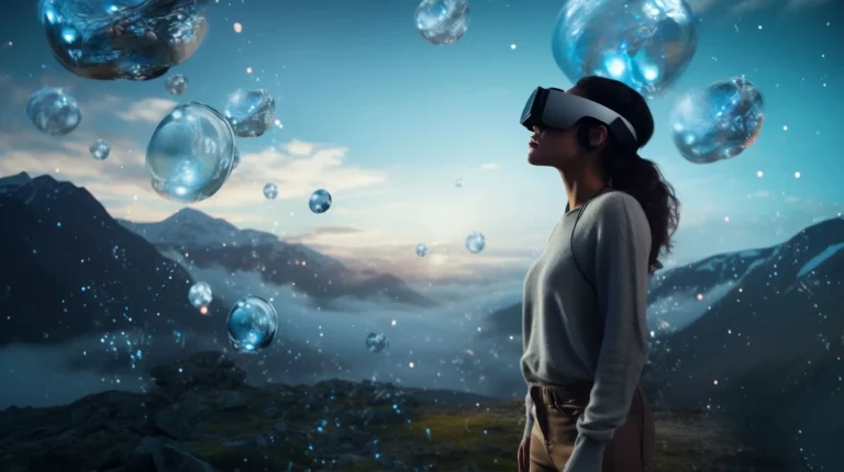 A woman with VR headset experiencing the metaverse