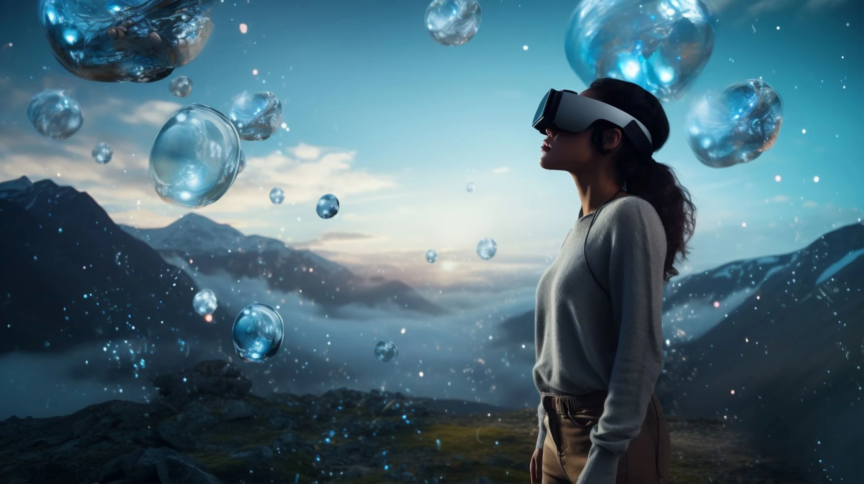 A woman with VR headset experiencing the metaverse