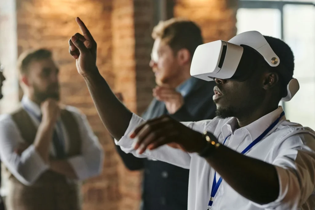 A man wearing a VR headset in an office